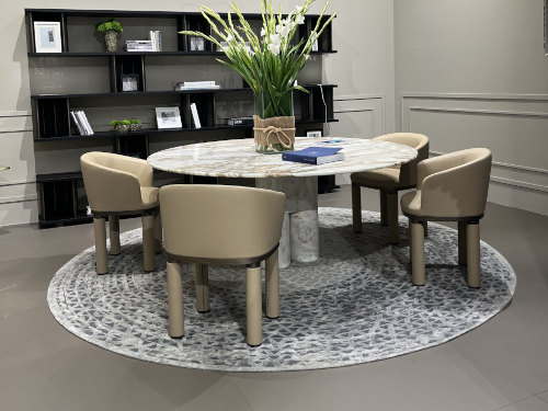 TRIA Round Dining Table - Dash Hex Suspension Lamp - Bold Armchair - Plomis Bookshelves - Triple Waves Round Rugs
